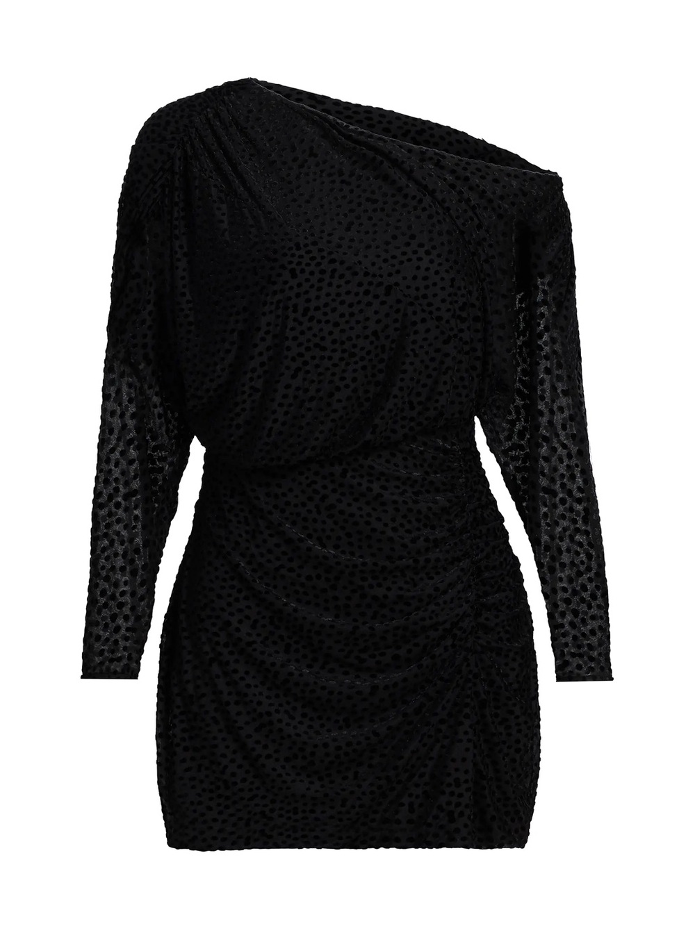 Ramy Brook Black One-Shoulder Ruched Velvet Dot Mini Dress